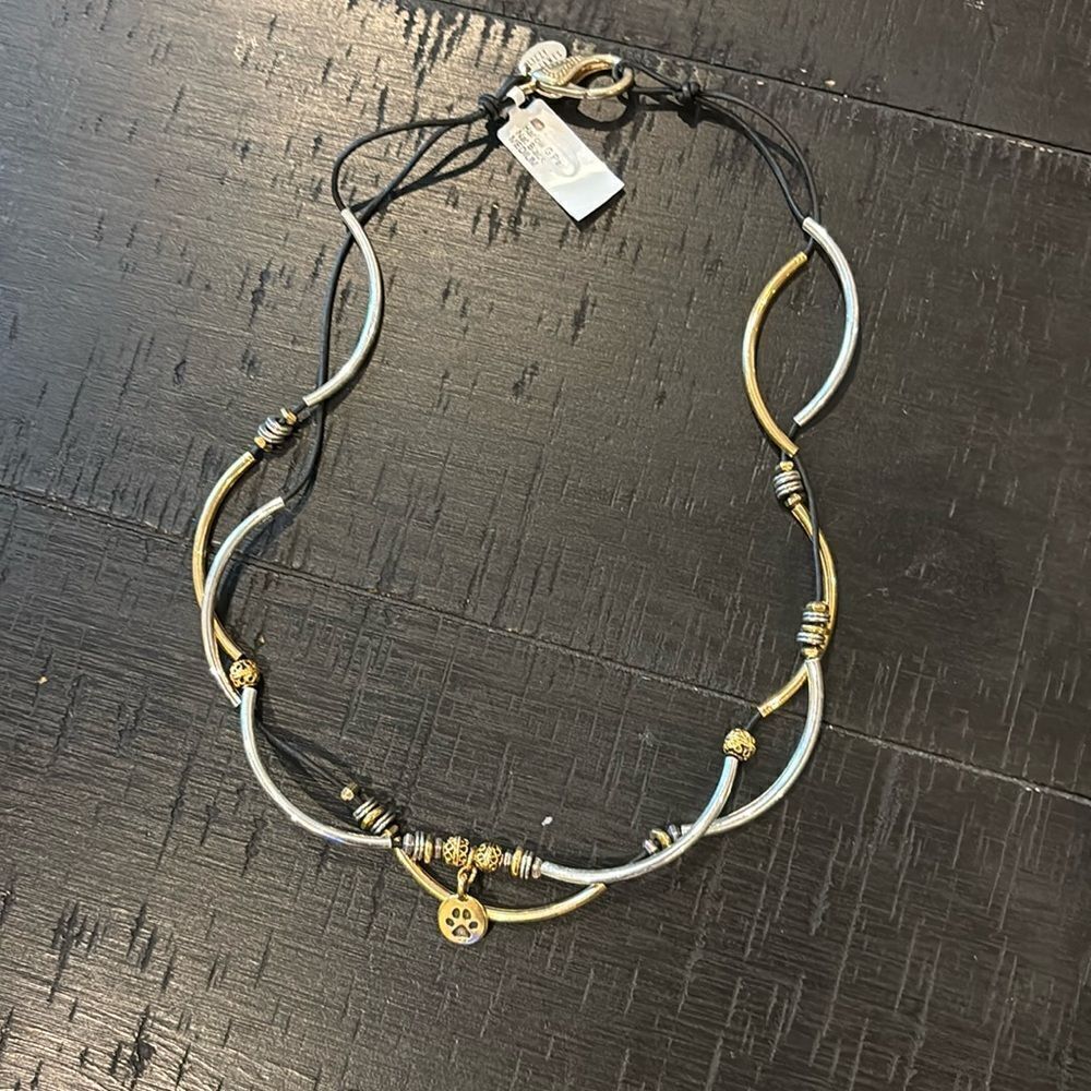 NWT Lizzy James Harlow G Paw Dog Mom Lover Leather Silver & Goldtone Necklace‌